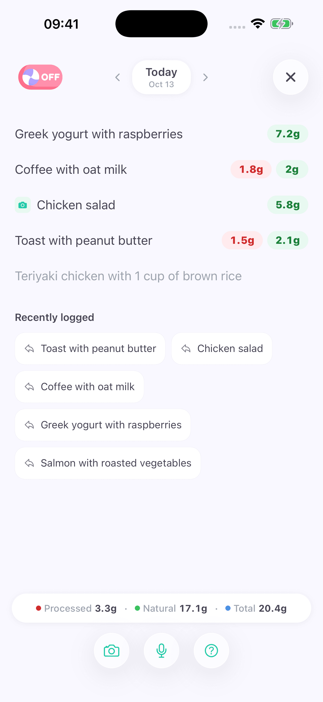 Sweet-Off daily records screen showing food and sugar tracking